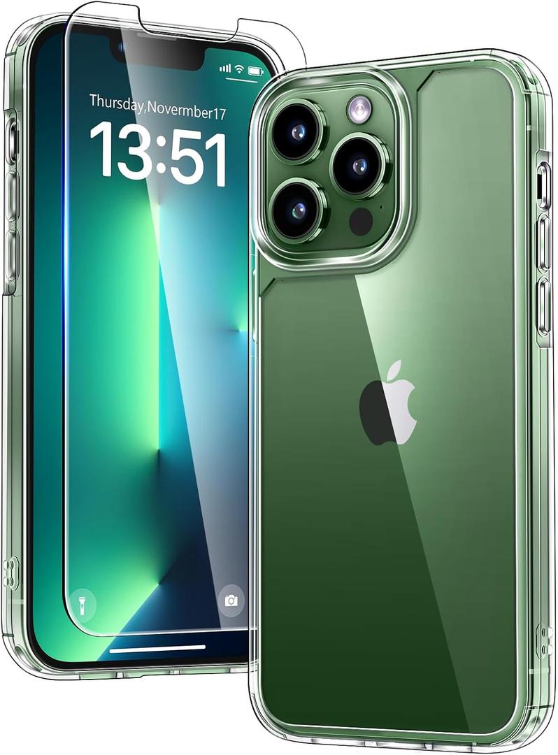 TAURI for iPhone 13 Pro Max Case Clear, with 1X Screen Protector, [Not Yellowing][Military-Grade Drop Protection] Slim Shockproof Phone Case for iPhone 13 Pro Max 6.7 inch