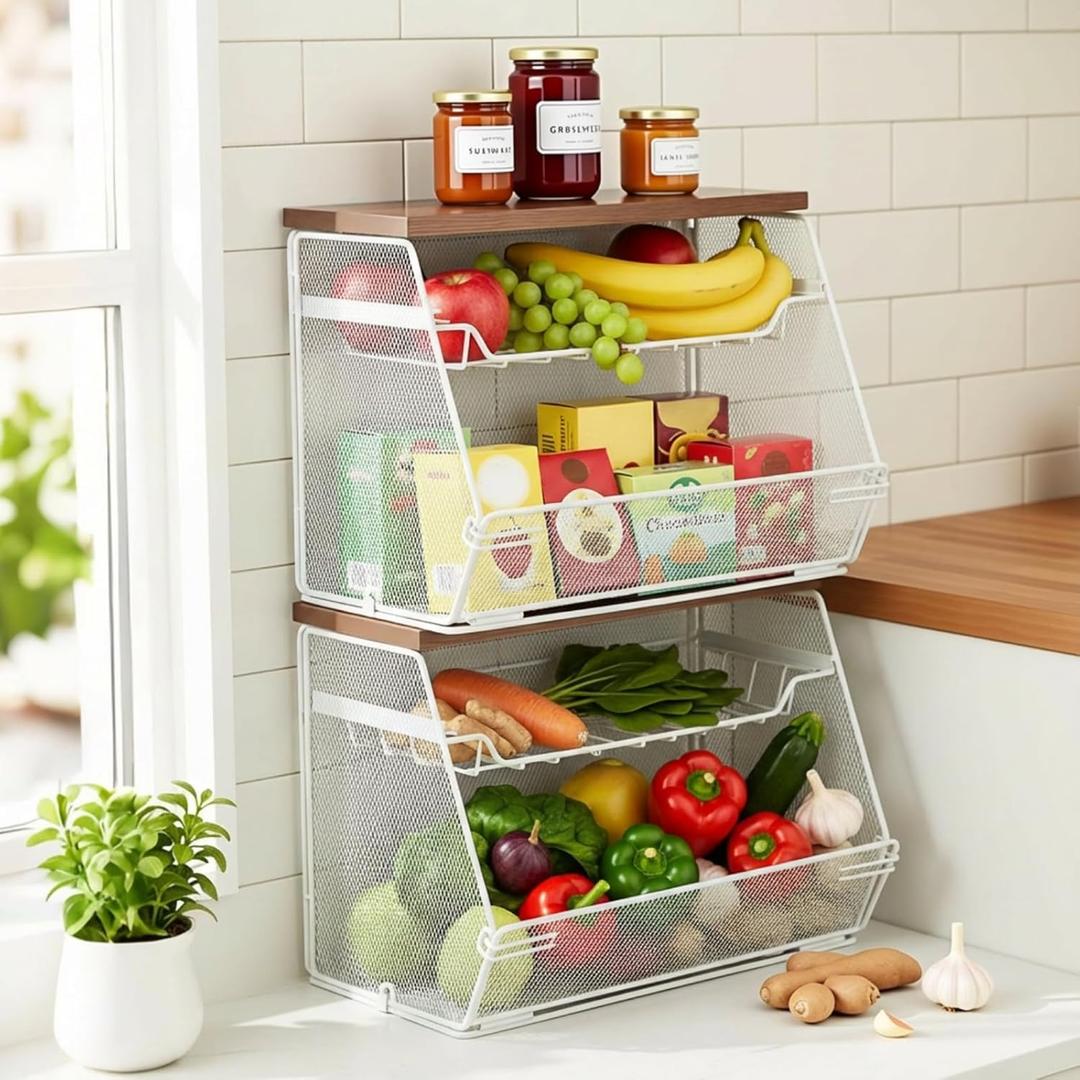 2 Pcs Stackable Fruit Basket with Lid for Kitchen Counter Storage Basket with Drawer Mesh Wall Hanging Wire Baskets with Lid Metal Vegetable Container for Kitchen 13.8 x 8.3 x 9.8''(White)