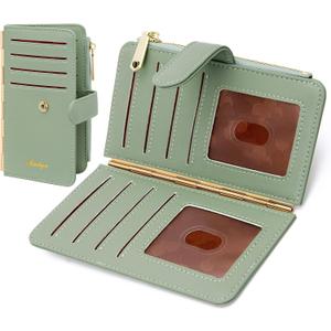 Badiya Credit Card Holder for Women RFID Blocking Slim Wallet Bifold Multi Card Case Zipper Pocket with 3 ID Window (Green)