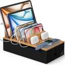 Pezin & Hulin Cord Organizer Box, Surge Protector Organizer, Device Charger Station for Phones & Tablets, Wood Charging Dock -with 6 Wire Cables, BUT NO Power Supply - Natural + Black