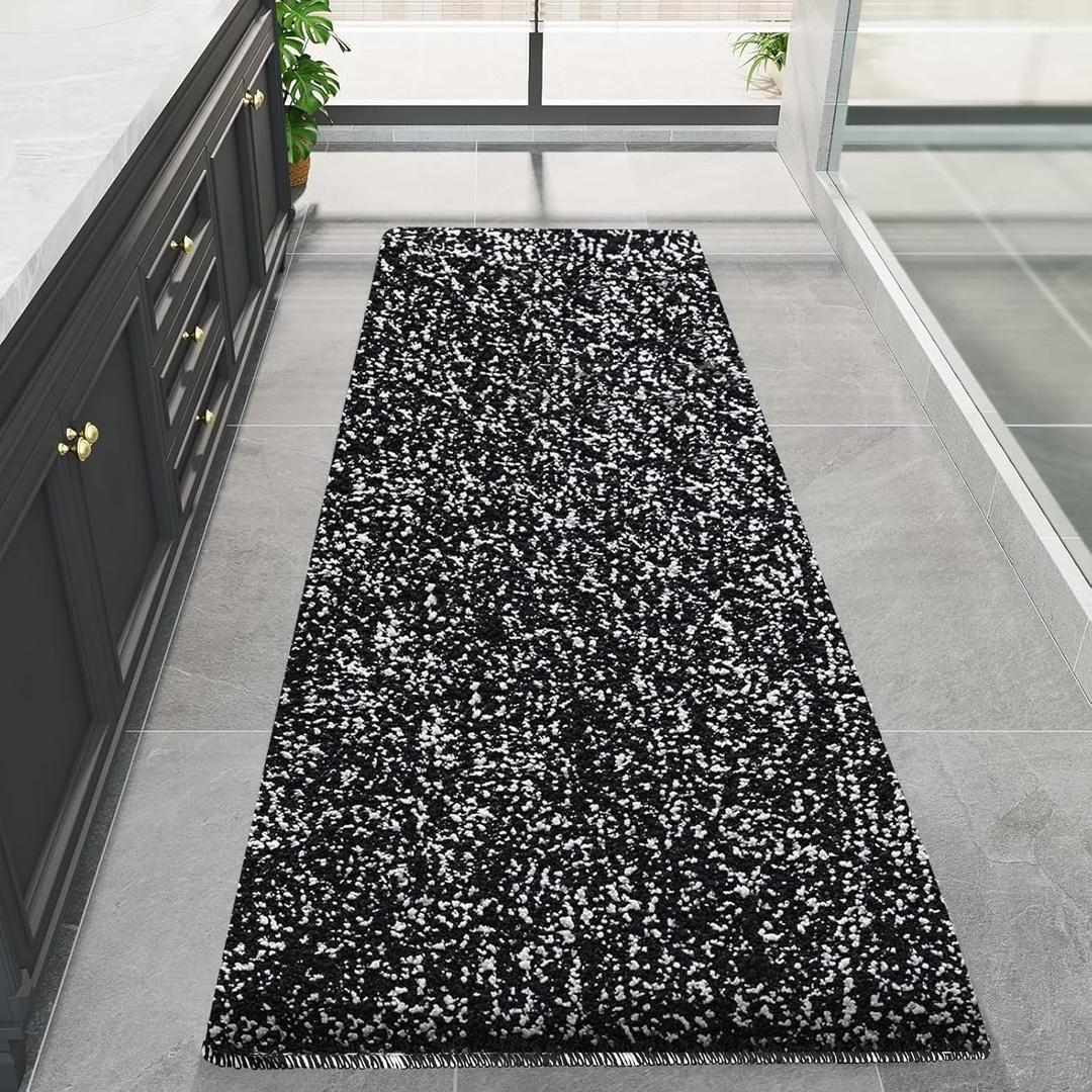 Black and White Bathroom Rugs Runner Extra Long 59.8"x29.9" Large Bath Mat Plush Shaggy Microfiber Bath Rugs Non-Slip Absorbent Bath Mat Extra Soft & Thick bath rugs for bathroom, Machine Washable