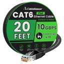 Cat 6 Ethernet Cable 20 ft, Indoor&Outdoor, High Speed 10Gbps Flat Internet Network Cable, Pure Copper Ethernet Patch Cable Long, Computer LAN Cable with Clips & Straps for Router, Modem, PS4/5, Black