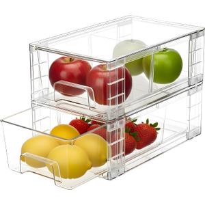 2 Pack Stackable Storage Drawers, Plastic Organizers Bins, Drawers Storage with Handles and Movable Dividers for Organization and Storage in Fridge, Bathroom, Pantry, Kitchen Cabinets, Under Sink