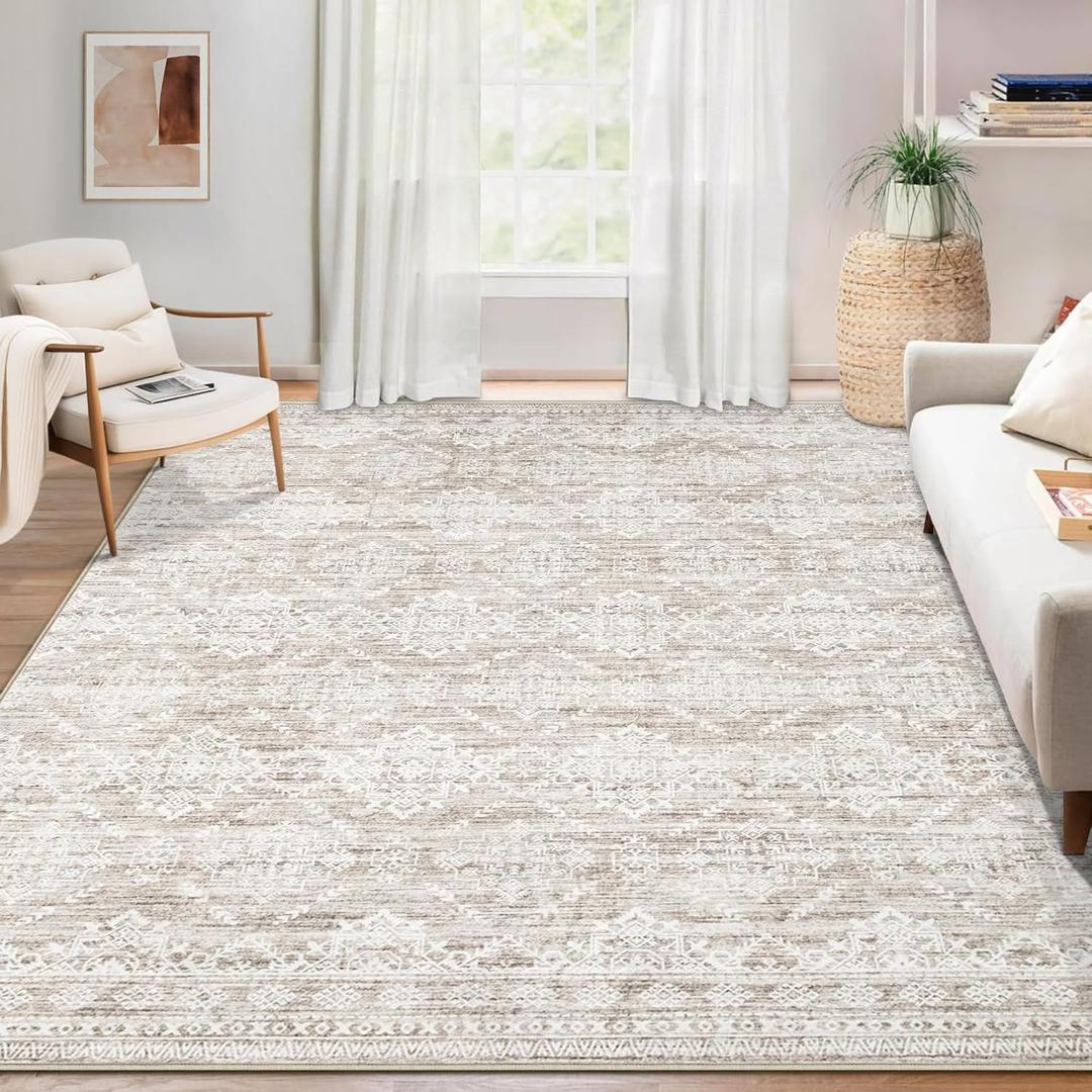 Area Rug for Living Room 6x9: Large Washable Boho Moroccan Rugs Geometric Neutral Rug, Non-Slip Foldable Morden Farmhouse Indoor Floor Carpet for Bedroom Dining Table Home(Ivory Mocha,6ftx9ft)
