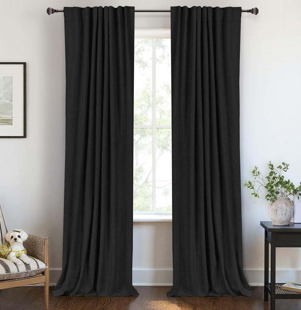 100% Blackout Shield Linen Blackout Curtains for Bedroom 96 Inches Long, Back Tab/Rod Pocket Living Room Drapes, Thermal Insulated Blackout Curtains 2 Panels Set, 50" W x 96" L, Black