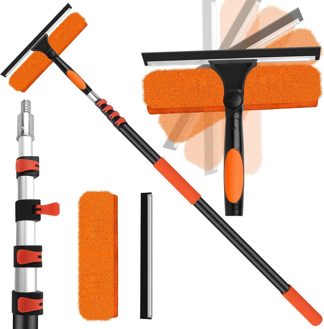 26FT High Window Cleaning Kit with Pole,2 in 1 Window Squeegee,5-20FT Professional Window Clean Pole Kit(2 Squeegee & 2 Microfibre Cloths),180Rotatable Squeegee for Indoor/Outdoor High Windows