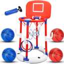 Pool Basketball Hoop Floating with Water-Fillable Stable Base, 2-in-1 Basketball & Ring Toss Pool Toy for Kids Ages 3+, Includes 4 Balls, 6 Rings & Pump, Summer Pool Party Gift