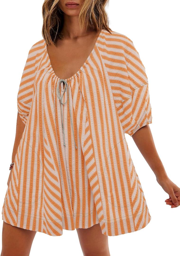 SENSERISE Womens Oversized Striped Romper Dress Shorts Jumpsuit Beach Vacation Clothes with Pockets (Small, Yellow Orange)