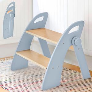 Reeple Wooden 2 Step Stool for Toddlers, Foldable 2Step with Non Slip Pads and Handles, Bamboo Step Stool for Kids Bathroom Sink and Potty Training, Kitchen Helper, Nursery Bedroom(Blue)