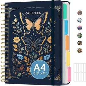 Large Spiral Notebook with Dividers & Tabs, 8.5" x 11" Hardcover 5 Subject Notebook for Work, 280 Pages, College Ruled, Cute Journal for Women, Perfect for Study & Office Note Taking, Golden Butterfly