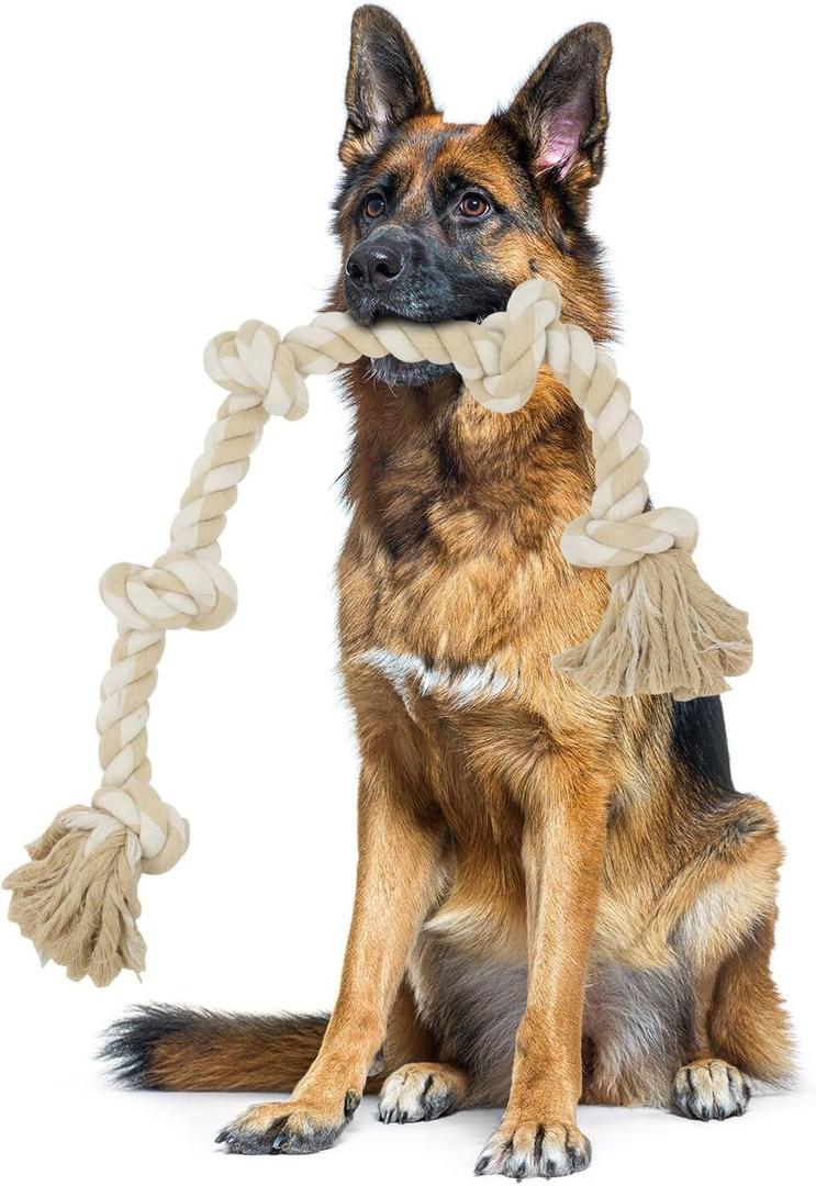 Bmag Dog Rope Toys for Aggressive Chewers, Interactive Heavy Duty Dog Toys for Medium Large Dogs, Tough Twisted Rope Toy with 5 Knots(Beige)
