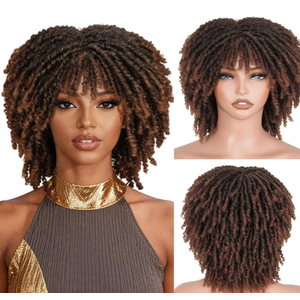 Braided Wigs for Black Women and Men Dreadlock Wig Short Afro Wig Layered Glueless Passion Twist Hair Faux Locs Crochet Hair Curly Synthetic Wig with Bangs (#1B Ombre Brown, 12 Inch)