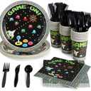 Juvale 144 Piece Retro Video Game Party Supplies Includes Plates, Napkins, Cups, and Cutlery for Arcade Birthday Party Decorations and Vintage Video Game Decor (Serves 24)