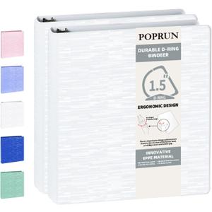 POPRUN 3 D Ring Binder 1.5 Inch, PVC-Free, Holds 375 Sheets of 8.5 x 11 Paper, Extra Durable Organizer with 2 Pockets for School & Office, Heavy-Duty, 2 Pack, White