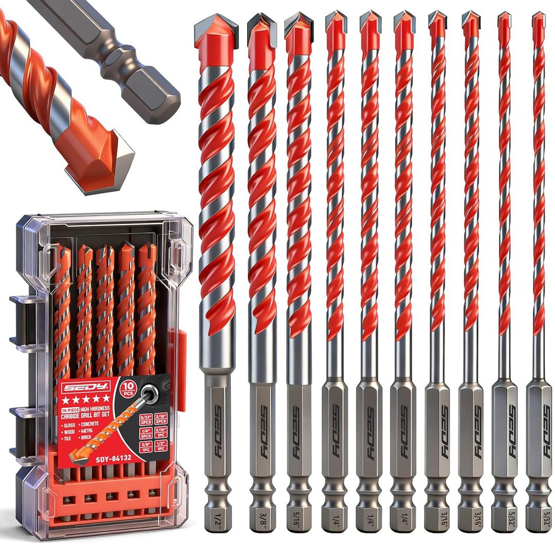 10-Piece Masonry Drill Bit Set, 6-Inch Carbide Tipped Concrete Drill Bits with Hex Shank for Brick, Cement, Tile, Wood and Light Metal, Fast Drilling and Chip Removal