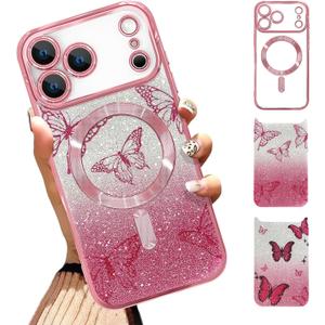 Case Fit for iPhone 17 Pro 6.3 Inch [Compatible with MagSafe] Glitter Bling Magnetic Phone Case [2 Pieces of Butterfly Design Insert] Soft TPU Shockproof Phone Cover for Women - Pink