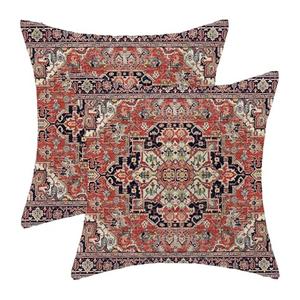 ZHOUYETAK Red Carpet Pillow Covers 18x18 Inch Set of 2, Boho Rug Print Outdoor Decorative Vintage Rustic Throw Pillow Linen Red Carpet Couch Cushion Case for Chair Sofa Bedroom Living Room