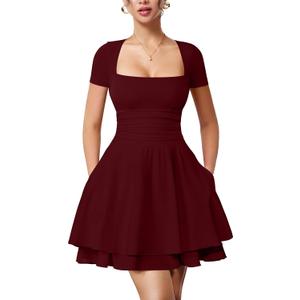 YMDUCH Women's Casual Square Neck Ruffle Hem Mini Dress Short Sleeve Short Party Dresses with Pockets (Red) M