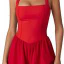 QINSEN Women's Square Neck Sleeveless Romper Jumpsuit Casual Summer One Piece Outfit with Pocket Red L