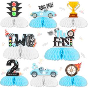 JOYMEMO 8 Pieces Two Fast Honeycomb Centerpieces - Race Car 2nd Birthday Party Decorations for Boys, Let's Go Racing Checkered Flag 2 Years Old Party Supplies Blue Double-Sided Cars Table Decor