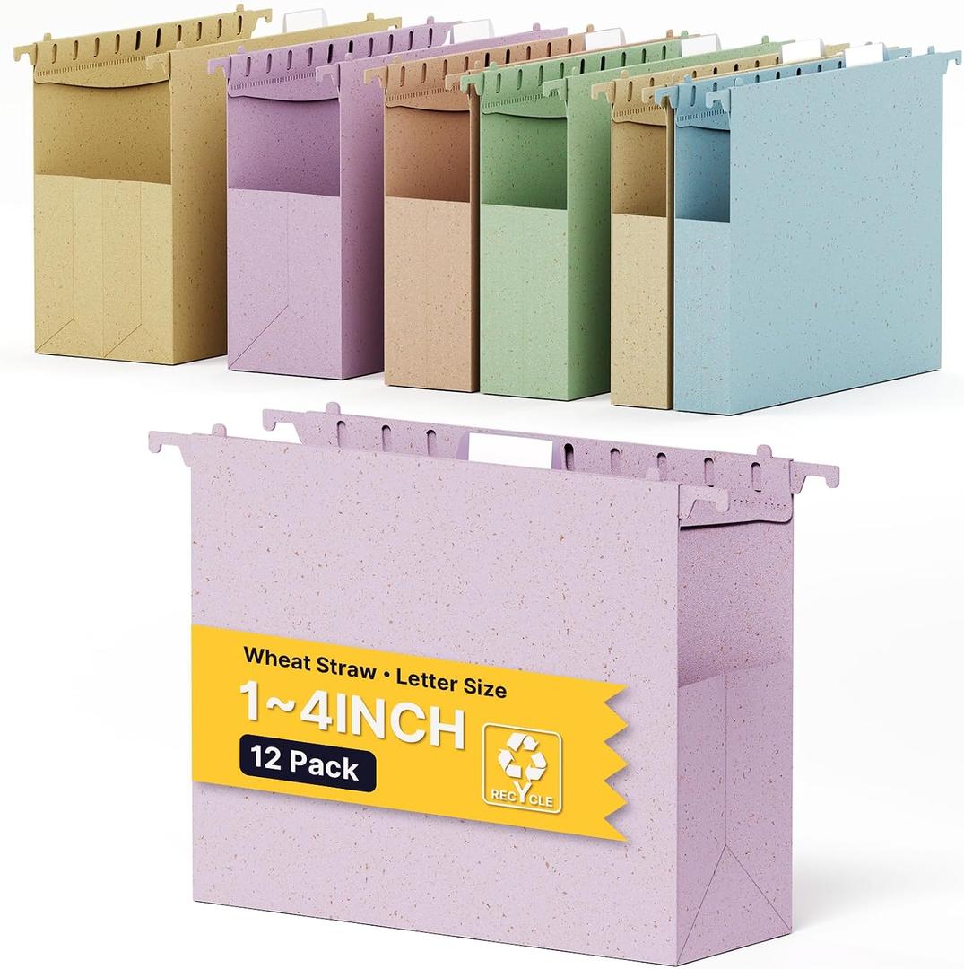XINGIA Hanging File Folders Letter Size with Tabs, 12 Pack Assorted 1/2/3/4 Inch Thick Expandable Colored File Cabinet File Folders, Durable Document Organizer for Home & Office Filing Cabinet Storage