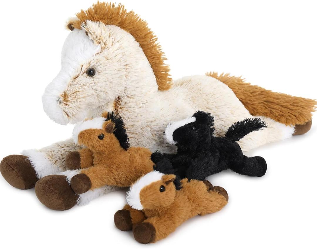 Tezituor 4Pcs Horse Stuffed Animal Set, 21inches Large Stuffed Mommy Horse with 4 Babies Pony Toys, Brown Stuffed Pony Plush Pillow for Boys Girls Birthday Easter Gift Decoration