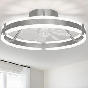 Flush Mount Ceiling Fan with Lights ,19.7'' 3000-6000K 6Speed Dimmable Modern Enclosed Led Ceiling Fan , Reversible DC Motor Bladless Low Profile Ceiling Fans for Bedroom, Kitchen,Home, Office (Nickel Brush-Style 2)
