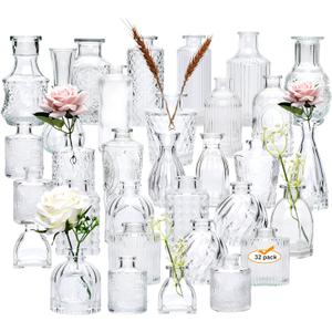 Brajttt Set of 32 Bud Vases for Flowers, Small Vintage Glass Bottles for Rustic Wedding Centerpieces and Home Decor