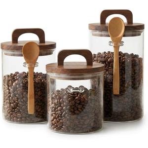 Glass Food Storage Canisters with Airtight Bamboo Lids Set of 3 Clear 34oz Jars with Wooden Spoons, Stackable Kitchen Storage Containers for Coffee, Tea, Sugar, Flour, and Pantry Organization