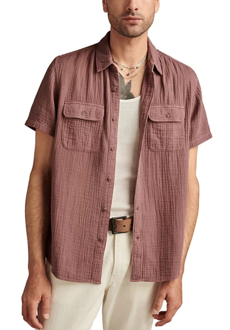 Lucky Brand Men's Short Sleeve Double Weave Utility Shirt (Medium, Twilight Mauve)