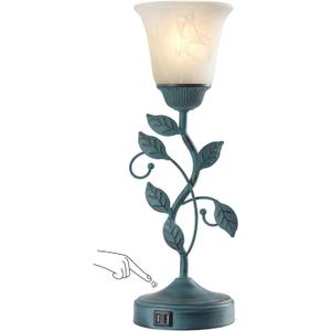 RORIANO Vintage Touch Table Lamp for Living Room, 3-Way Dimmable Nightstand Lamp with 2 USB Ports, Farmhouse Rustic White Glass Shade Leaf Desk Lamp for Bedroom End Table, LED Bulb Included (1 Pack - Retro Green)