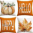 3 x Artscope Fall Decorative Throw Pillow Covers 18x18 Inch Set of 4, Hello Happy Autumn Pumpkin Maple Leaves Harvest Outdoor Farmhouse Pillow Cases for Home Sofa Couch-Orange A