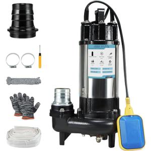 1HP Sewage Grinder Pump Submersible Effluent Pump, Sump Pump 110V 6400GPH with Automatic Float Switch,Stainless steel body and reamer.2'' NPT Discharge for Basement, Sump Basin.