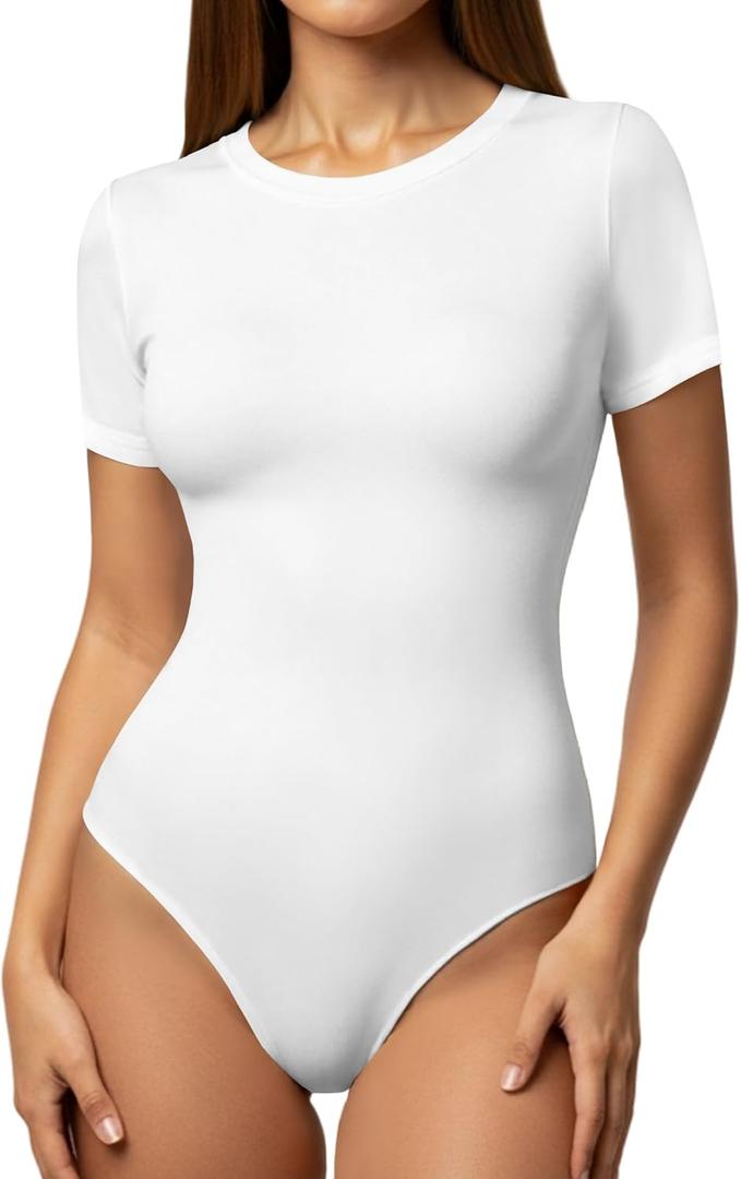 YOGINGO Bodysuits for Womens Crew Neck Short Sleeve Body Suits Going Out Outfits Summer Baisc Leotards Tops Onesie Shirts (Small, White)