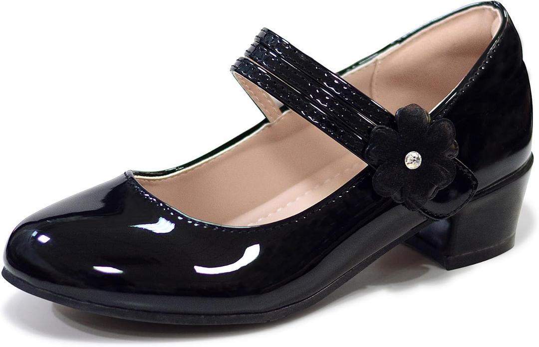 Girls Dress Shoes Mary Jane Shoes for Girls Hook and Loop Flower Girl Shoes Flats Pincess Shoes for Little/Big Kids (Black)
