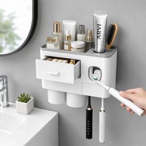 Toothbrush Holders Bathroom Accessories with Toothpaste Dispenser, 2 Cups Toothbrush Holder Wall Mounted Bathroom Decor (Grey and White - Two Cups)