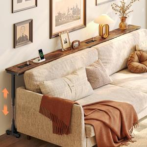 Huuger 78.7 Inch Height Adjustable Behind Couch Table with Power Outlets, 23.9-34.4 Range, Sofa Tables Narrow Long with USB-C Ports, Skinny Console Table, for Small Spaces, Rustic Brown