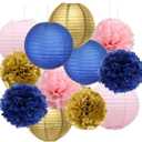Navy Gold Pink Gender Reveal Party Decorations/Bridal Shower Decorations Furuix Navy Gold Pink Paper Lanterns Navy Blue Birthday Party Girls Baby Shower |Mom Birthday|Graduation Party Decorations