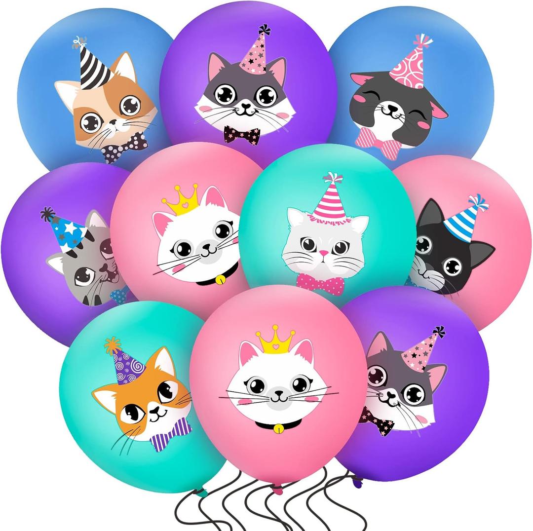 40 Pcs Cat Birthday Party Latex Balloons, Cute Cartoon Kitten Print Balloons Cat Party Decorations Animal Pet Birthday Supplies Favors for Decor, Blue Pink Purple and Green