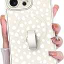 KANGHAR Compatible with iPhone 16 Pro Max Case, Support for MagSafe, Silicone Speck Leopard Cute Pattern, Wristband Kickstand Camera Protection Soft Slim Cover for Girls Women -White