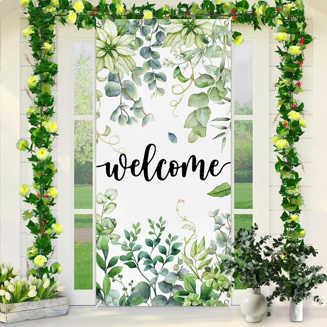 Summer Spring Welcome Door Cover Decoration Eucalyptus Flowers Greenery Door Banner Background Seasonal Porch Door Sign Welcome Front Door Cover for Indoor Outdoor Decor Party Supplies