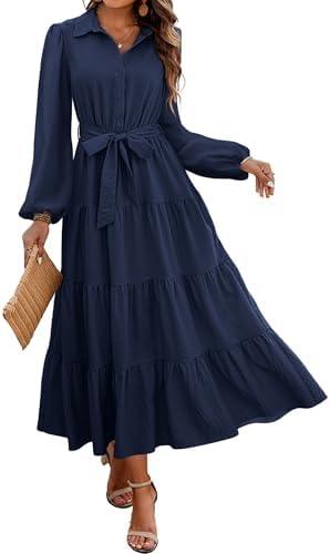 dowerme Women's Long Sleeve Dress 2025 Button Down Belted A-Line Flowy Fall Outfits Ruffle Maxi Holiday Party Dresses Medium
