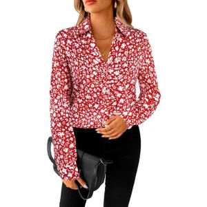 SOFIA'S CHOICE Polka Dot Shirt for Women Long Sleeve Dressy Blouse Work Business Fall Outfits Floral Red Medium (M)