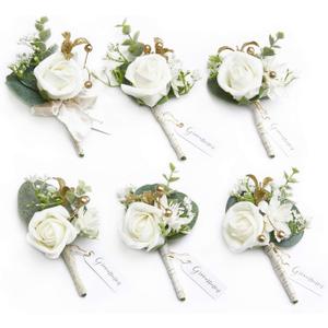 Ling's moment Boutonniere for Men, 6pcs Groom Groomsmen Boutonniere, Artificial Flowers for Wedding Decor/Prom/Homecoming, etc.White Baby Breath Ivory