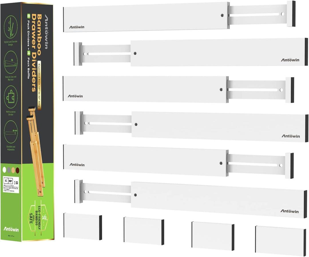 ANTOWIN Expandable Bamboo Drawer Dividers, Drawer Separators,17-22 inches Adjustable Spring-loaded Organizer for Large Utensil, Clothes, Tools Drawers, 6Pack (White) (Brown)