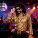 70s 80s Mens Black Wig+Glasses+Golden Chain+Mustache+Wig Cap Long Curly Synthetic Funny Wigs for Retro Outfit Men Party Hippies Rocker Costume Cosplay Halloween5pcs Set