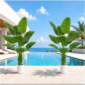 Pack 2 Artificial Bird of Paradise Plant 5FT Fake Palm Tree Faux Plants in White Pot Artificial Tree Fake Plant for Indoor Outdoor Modern Decoration for Home Living Room Office