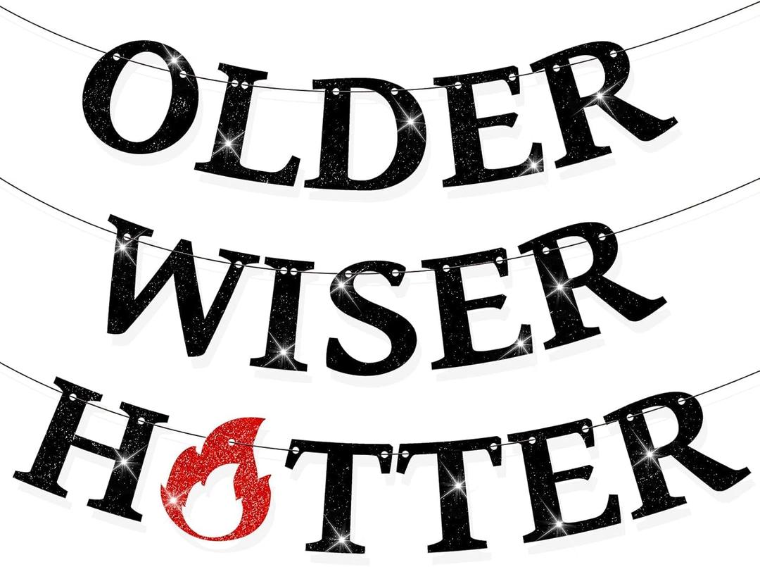 Set of 3 Pre-Strung Older Wiser Hotter Banner,No DIY Glitter Funny Happy Birthday Party Bannerfor Men Women, Glitter Birthday Party Decorations(Black+Red)
