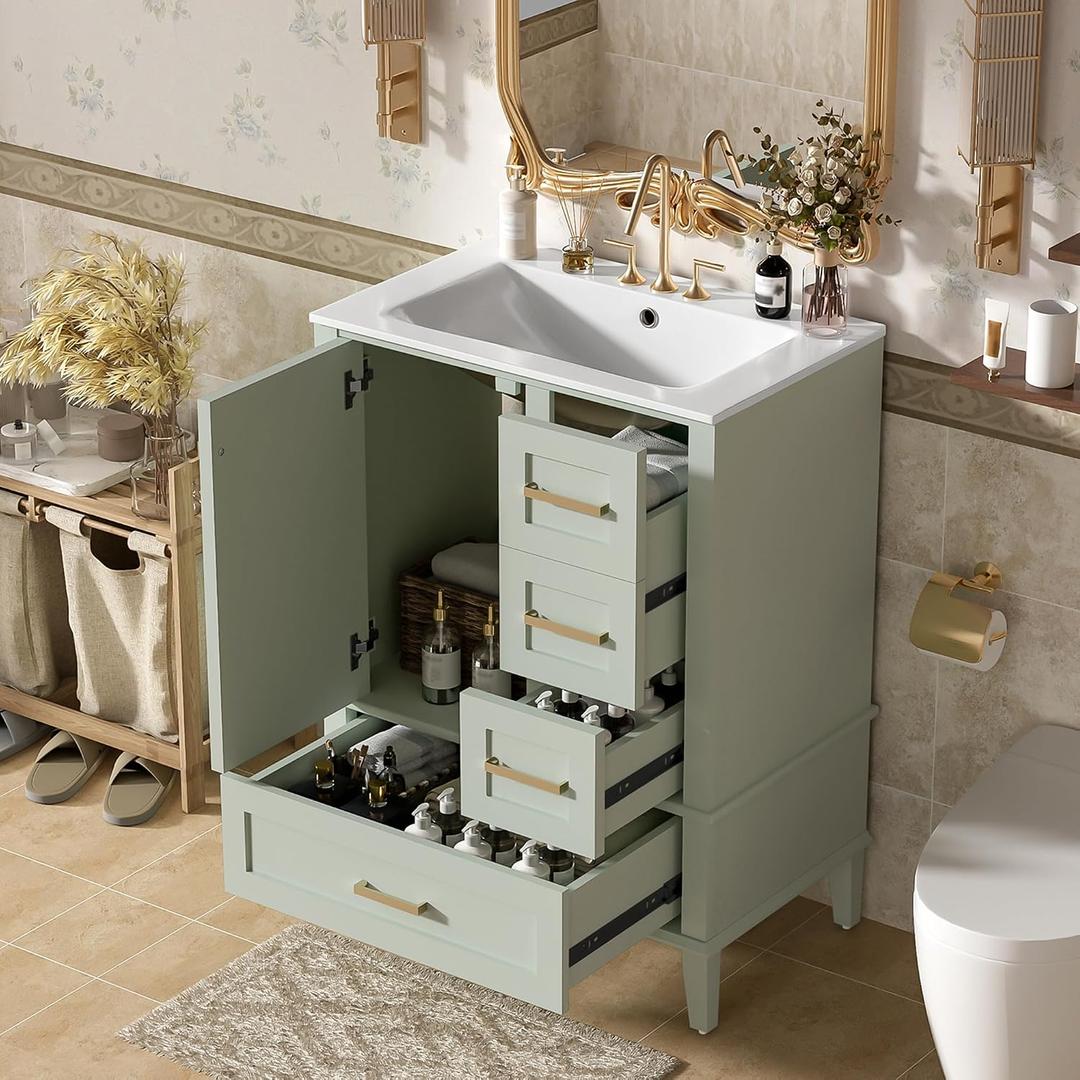 Favfurish 24.8" Bathroom Vanity with Ceramic Sink, Freestanding Bathroom Cabinet with Soft-Close Door, 3 Drawers & Spacious Storage, Solid Wood Frame and MDF, Modern Green Vanity for Small Bathrooms, 24in