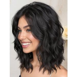 AISI HAIR 14 Inch Natural Black Wigs for Women - Shoulder Length Wave Wig with Pre-Cut Lace Hairline, Middle Part Natural Wavy Bob Synthetic Heat Resistant Fiber for Daily and Party
